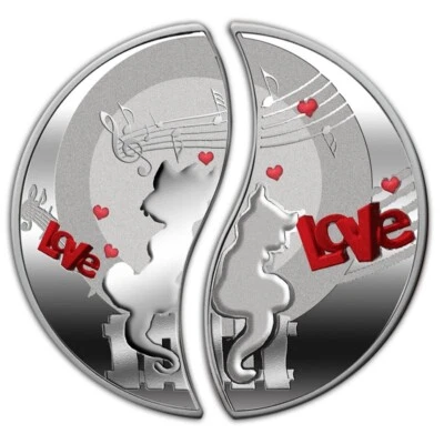 2013 Niue In Love Cat Puzzle Set 2 x $1 Silver Coin Color Romantic Wedding Proof - Image 1 of 4