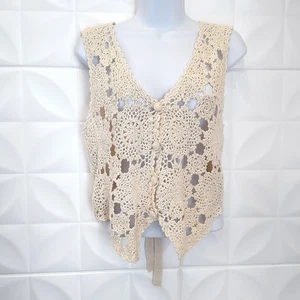 New Vintage Crochet Vest Ivory Cottage 90s Soft Cape Isle Knitter Stretch Boho M - Picture 1 of 13