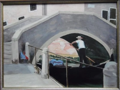 Venice, Gondolier Passing a Bridge. Ivy Bowtell Original vintage Oil - image 1 of 4
