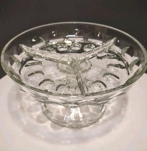 Footed RELISH DISH DIVIDED Indiana Kings Crown Thumbprint Pedestal 3 SECTION VTG - Picture 1 of 14