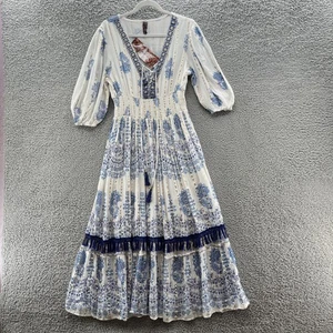 Anthropologie Me 2 Magic Dress Large Blue White Boho Peasant Maxi Tassel India - Picture 1 of 12