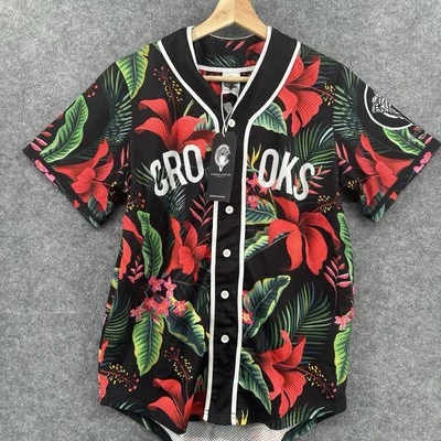 Crooks & Castles Hawaiian Print Jersey Shirt Mens Small Mesh Short Sleeve Button - Image 1 of 4