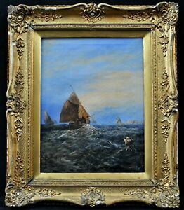 19th CENTURY OIL ON CANVAS SEASCAPE SAILING BOATS ANTIQUE MARINE PAINTING