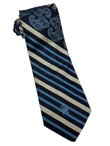 Vtg 70's Oleg Cassini Blue Silver STRIPE Silk Necktie CREST LOGO Paisley Fat Tie - Picture 1 of 5