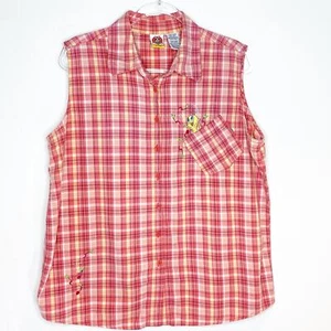 Looney Tunes Tweety Shirt Plaid Embroidered Sleeveless Button Up Size 14W 16W - Foto 1 di 10