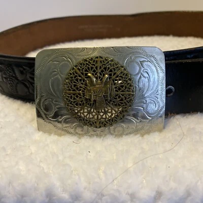 Cowboy Western  Saddle Filigree Nickel Silver  Buckle+belt+Black Leather Belt - Image 1 of 4