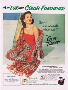 Jabón de lavandería Lux 1951 anuncio impreso Gene Tierney - Imagen 1 de 1