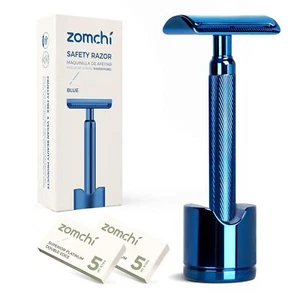 Reusable Metal Safety Razor with Stand & 10 Blades, Plastic Free - Noble Blue - Picture 1 of 7