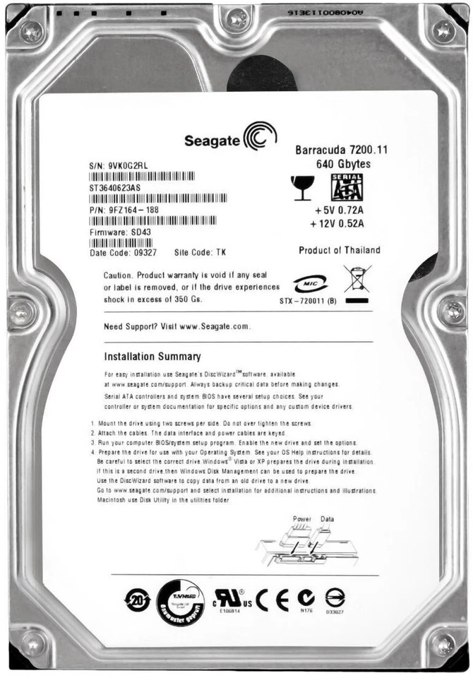 Seagate Barracuda 7200.11 ST3640623AS 640GB 7200RPM 16MB SATA II 3.5'' Inch - Image 1 of 3