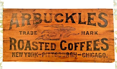 Cartel de madera de cafés tostados ARBUCKLES anuncio caja lateral café Foto 1 de 4