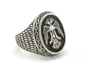 Signet Ring Double Head Eagle Logo Adjustable Antique Silver Plated brass 2674 - Picture 1 of 2