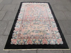 Antique Hand Made Art Deco Chinese Oriental Pink Black Wool Carpet 240x153cm - Picture 1 of 12