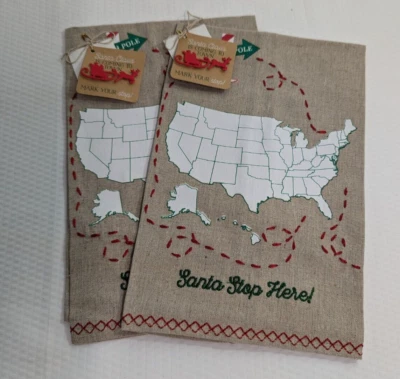 (2) Mud Pie Christmas Linen Kitchen Tea Towels Santa Stop Here with Red Pin - Image 1 of 4