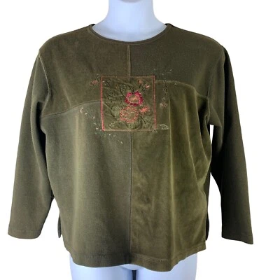 Top Erika Talla Grande Tejido Terciopelo Verde Bordado Flores Manga Larga Foto 1 de 4