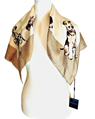 NEW WITH TAGS BURBERRY SILK SCARF WITH SPORTING DOGS THEME & HERRINBONE HEM - Image 1 of 4