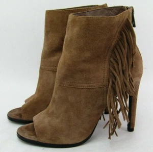 Dolce Vita Saddle Lotus Peep Toe Suede Fringe Booties Sz 6 Brown Ankle Zip Boots - Picture 1 of 9