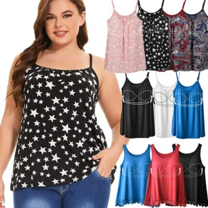 Women Swing Flowy Cami Built in Pad Bra Spaghetti Strap Tank Tops Vest Plus Size - Picture 1 of 31
