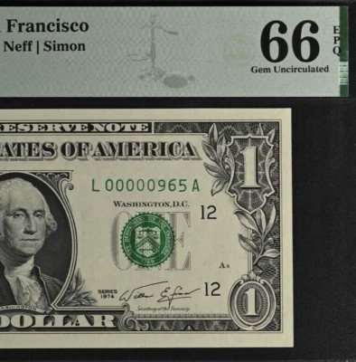 1974 $1 Federal Reserve Note PMG 66EPQ fancy low serial number 00000965 - Image 1 of 3