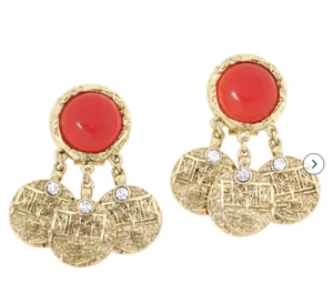 New HEIDI DAUS Boho Chic Vintage Medallion Coral Drop Earrings Clip On - Picture 1 of 3