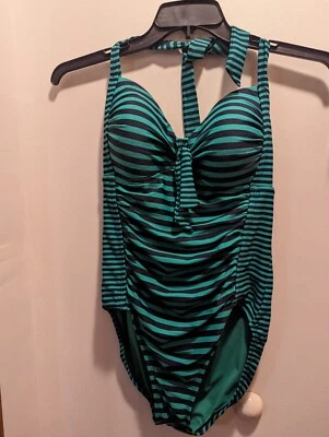 Traje de baño Merona grande verde con rayas azules halter top 1 pieza para mujer Foto 1 de 4