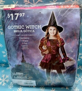 Vestido y sombrero gótico BRUJA Disfraz Talla Niña S (4-6) Púrpura y Negro Halloween Nuevo - Imagen 1 de 11