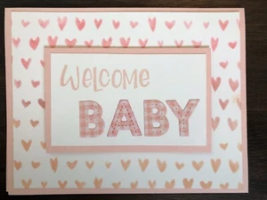 Handmade Card, Welcome Baby, Pink, Hearts, Girl - Picture 1 of 1