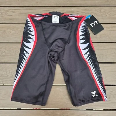TYR Durafast Elite Swimsuit Shark Bite Men’s Jammer Black/red Sz 30 NEW - Image 1 of 3