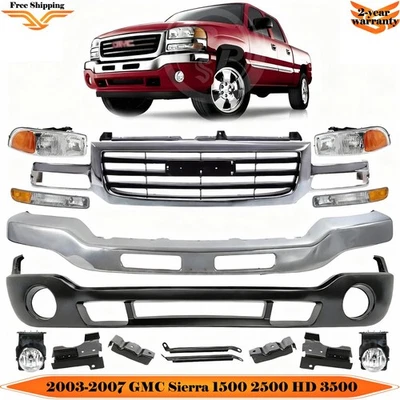 Front Bumper Chrome & Headlights Kit For 2003-2007 GMC Sierra 1500 2500 HD 3500. - Image 1 of 4