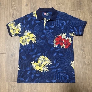 CHAPS RALPH LAUREN Polo Shirt L Tropical Floral Hawaiian Navy Yellow Red - Picture 1 of 6