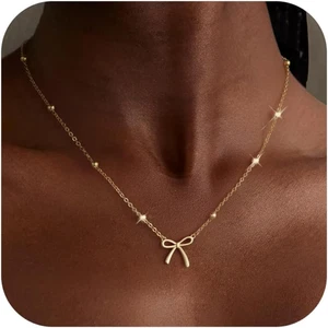 Gold Necklace for Women Dainty Bow Necklace 14K Gold Plated Cute Choker Necklace - Picture 1 of 6