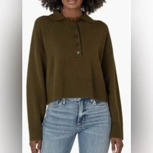 Maglione sottile mezzo bottone Lilia Boxy verde oliva nuovo KUT FROM THE KLOTH taglia small - Foto 1 di 9
