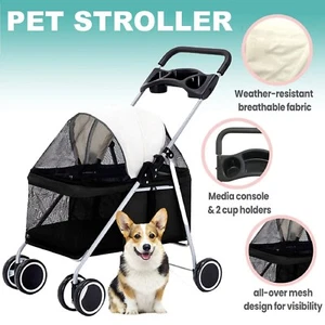 Pet Stroller Dog Cat Carrier Outdoor Travel Pushchair Foldable Pram 4 Wheels - Picture 1 of 12