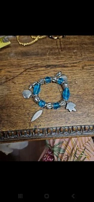 Bracciale Elastico Vetro Plastica Azzurro Argento  vintage '80 Bracelet V3 ^ - Immagine 1 di 4