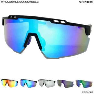 WHOLESALE LOT Men Oversize Sporty Wrap Biker Cycling Shield SUN GLASSES 12 Pairs - Picture 1 of 24