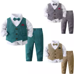 Boys Suit Gentleman Tuxedo Bow Tie Shirt Suit Vest Trousers 4-Piece Clothing Set - Picture 1 of 15