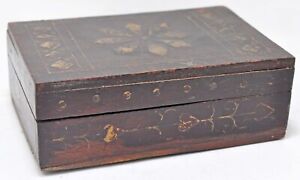 Antique Wooden Small Jewellery Trinket Box Original Old Hand Crafted Brass Inlay