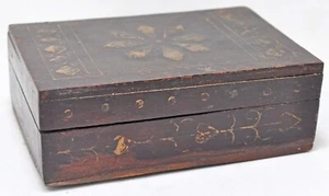 Antique Wooden Small Jewellery Trinket Box Original Old Hand Crafted Brass Inlay - Picture 1 of 10