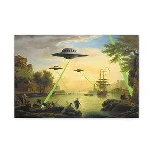 Stampa su tela, Banksy Aliens Shooting Up River opera d'arte classica UFO, allungata - Foto 1 di 17