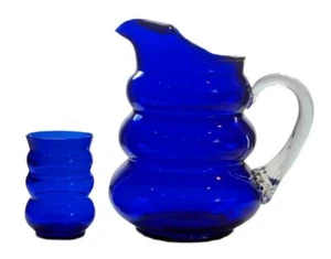 Jarra y vaso arpo de vidrio azul cobalto vintage Louie Glass Co. años 30 - Imagen 1 de 3