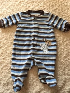 Carters Boys Blue Brown Striped Teddy Bear Terry Long Sleeve Pajamas Newborn - Picture 1 of 7