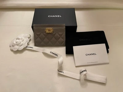 NWT, Chanel Boy Card Holder Caviar Gray/Taupe Gold HW, Rare - Image 1 of 4