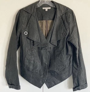 Cabi Size XS Black Charcoal Waxed Linen Ruffle Moto Bomber Jacket Blazer - Picture 1 of 8