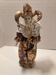 "Muñeca de porcelana Harlequín bufón azul dorado Mardi Gras coleccionable 12"" con soporte" - Imagen 1 de 4