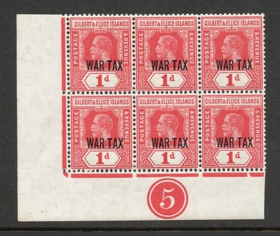Gilbert & Ellice Is. Impuesto de guerra 1918 1d rojo en bloque de placas SG 26 Mnh. (R2689) Foto 1 de 2