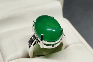 Natürlicher jemenitischer tiefgrüner Achat 925 Silber Handarbeit Aqeeq Damen Solitär Ring - Bild 1 von 13