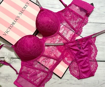 Victoria's Secret Shine Strap Add 2 Cups  Lace Corset Bra Top SET Frenzy Fuchsia - image 1 of 4