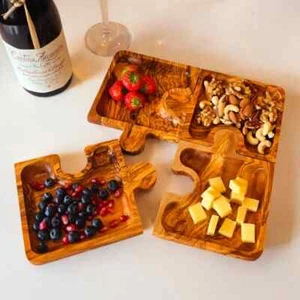 Olivenholz Puzzle geformte Snackteller: Holz Leckereien Servierschalen Set 4 Stck. - Bild 1 von 8