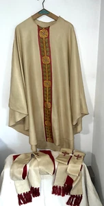 Anciens vêtements religieux, chasuble en coton de soie + étole + 2 manipules - Picture 1 of 12