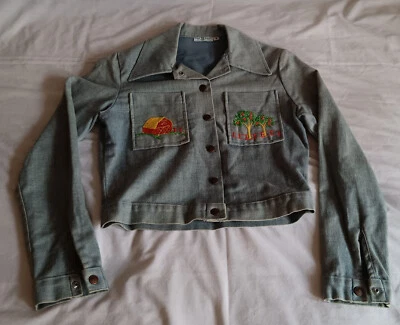 VINTAGE 1974 SEARS JR BAZAAR WOMENS SZ 9 MEDIUM DENIM JACKET FARM BARN TREES GD - Изображение 1 из 4