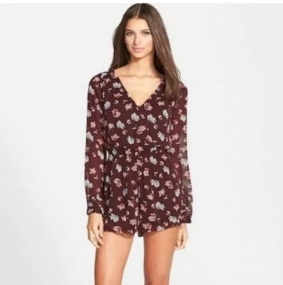 Nordstrom ASTR Burgundy Floral Long Sleeve Romper Women's Size L - Image 1 of 4